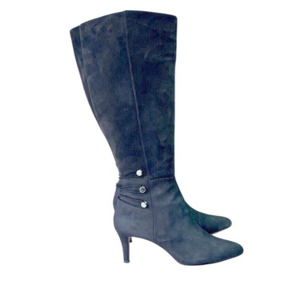Knee‎ High Faux Suede Pointed Toe Kitten Heel Boots Charcoal Gray Button Detail